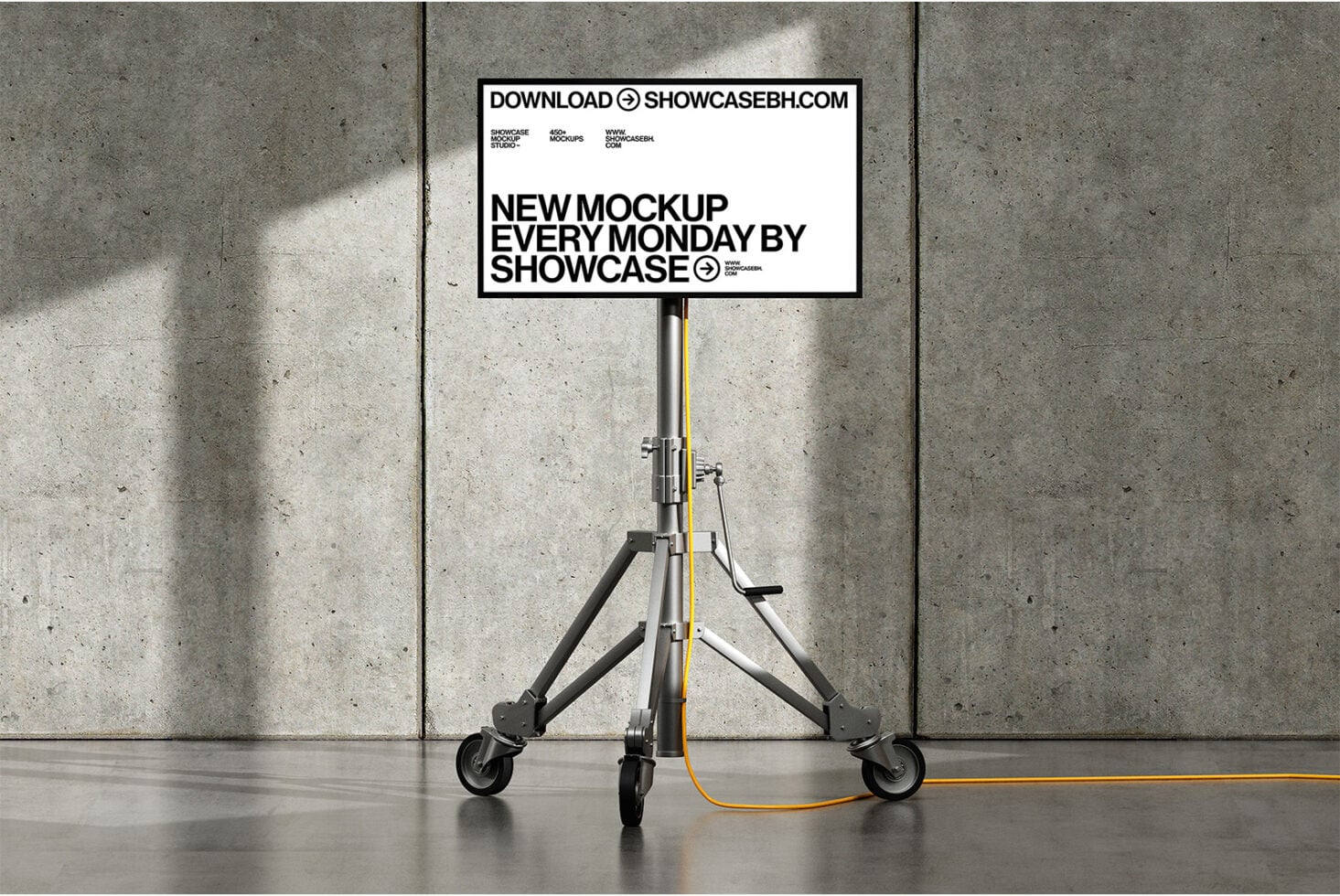 Billboard mockup on portable stand in concrete room with sunlight