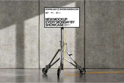 Billboard mockup on portable stand in concrete room with sunlight