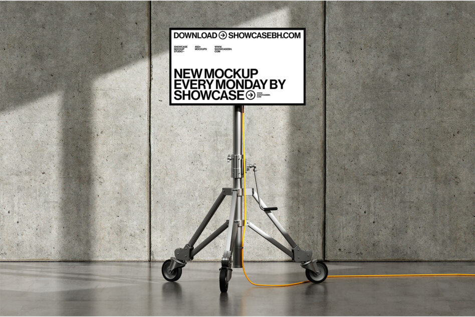 Billboard mockup on portable stand in concrete room with sunlight