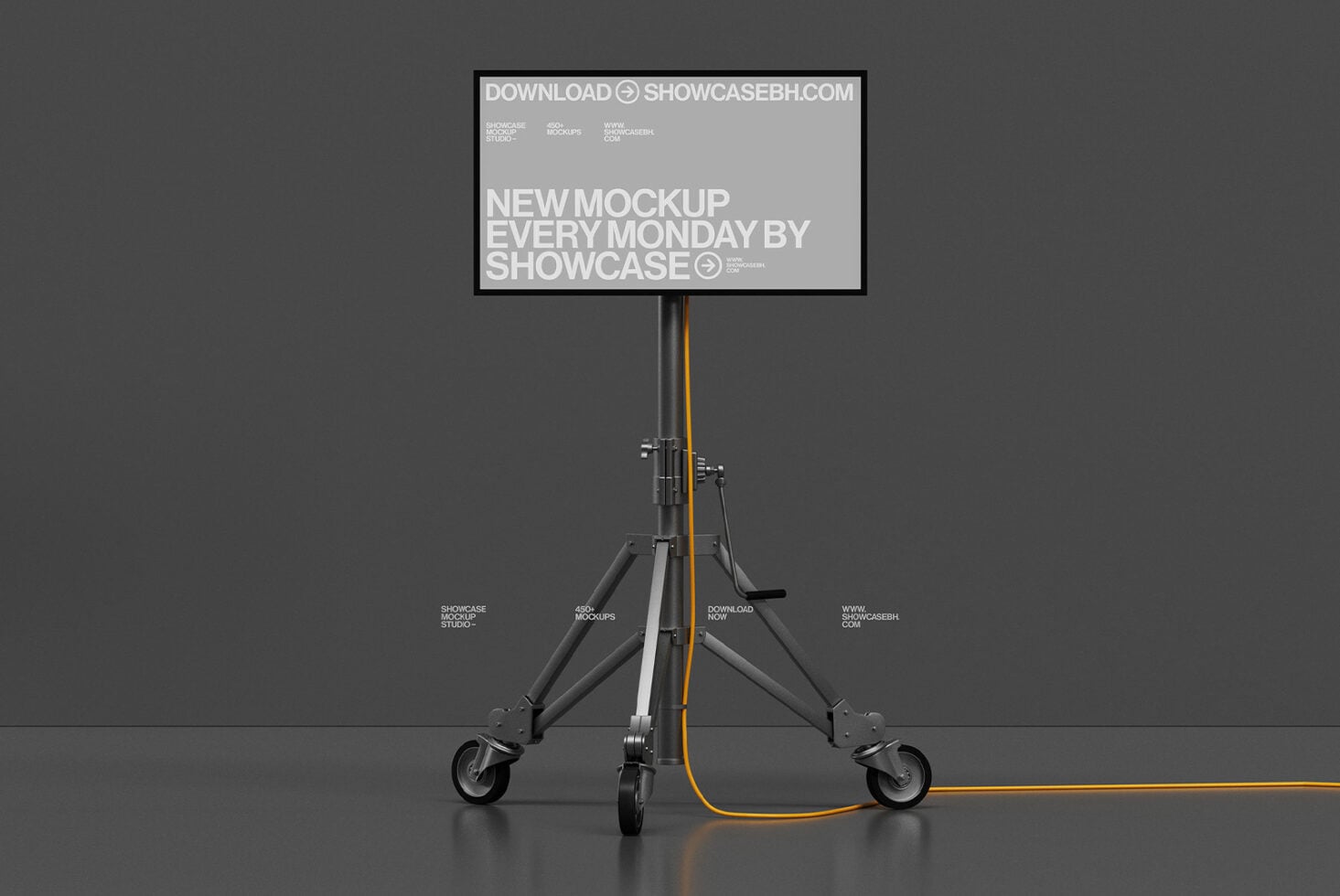 Horizontal billboard mockup on wheeled stand against dark backdrop