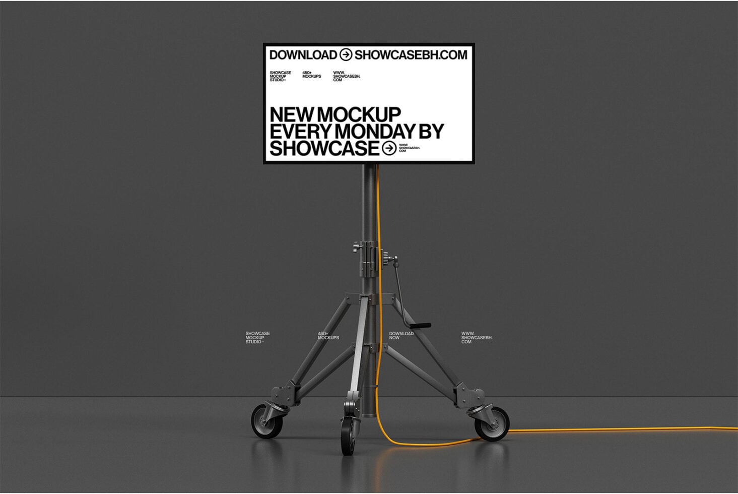 Horizontal billboard mockup on wheeled stand against dark backdrop