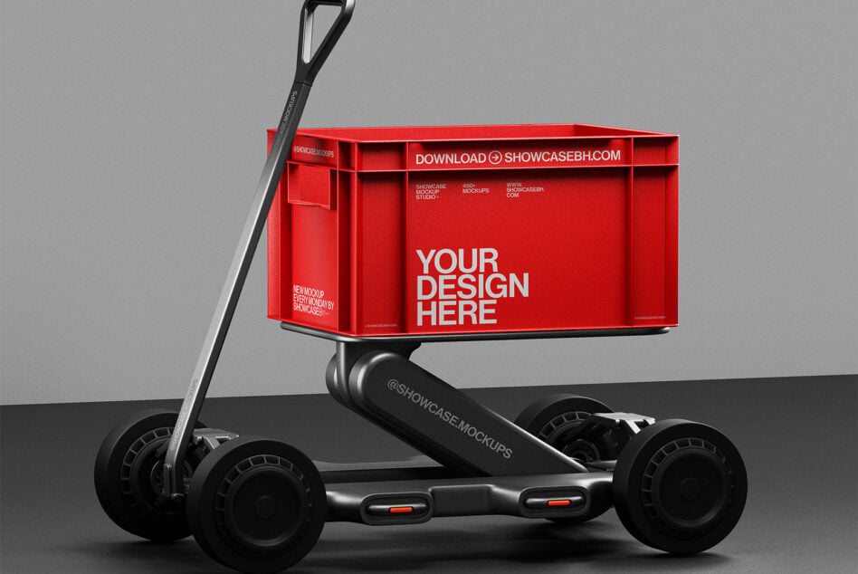 Red cargo box on delivery scooter shot from side angle with handle visible