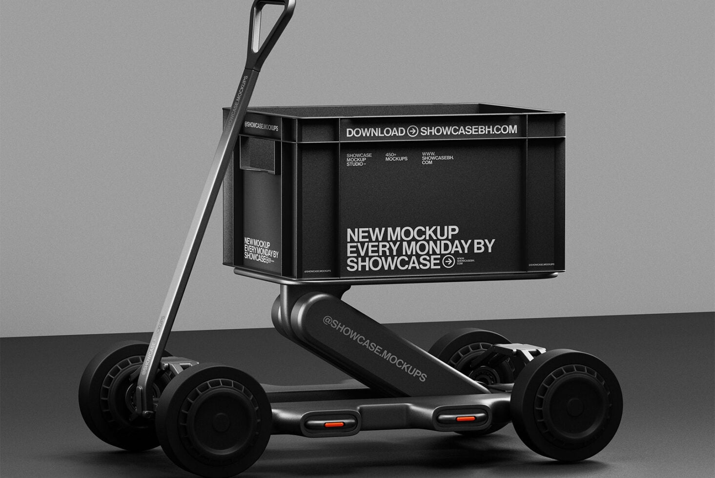 Black cargo box on delivery scooter mockup with editable design surface