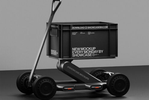 Black cargo box on delivery scooter mockup with editable design surface
