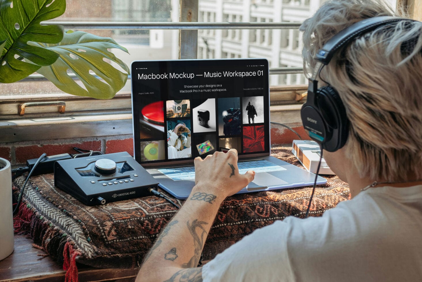 Creative professional viewing MacBook mockup display with dark theme portfolio layout at desk setup
