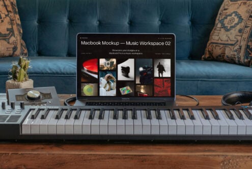 Macbook screen showing music workspace mockup with keyboard underneath on coffee table