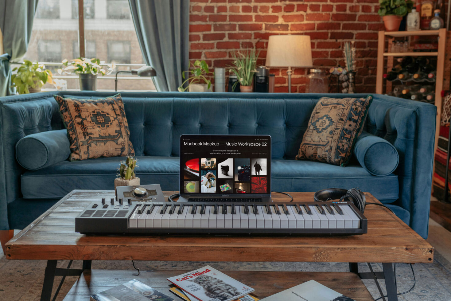 Macbook on wooden table with keyboard, blue couch behind with decorative pillows
