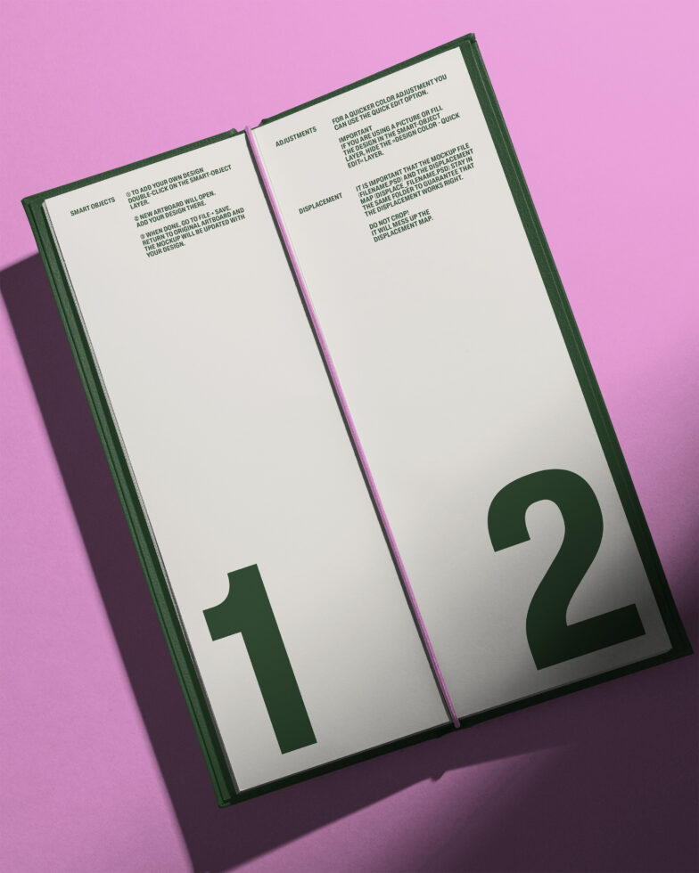 Open hardcover book with green spine on pink background showing numbered spreads