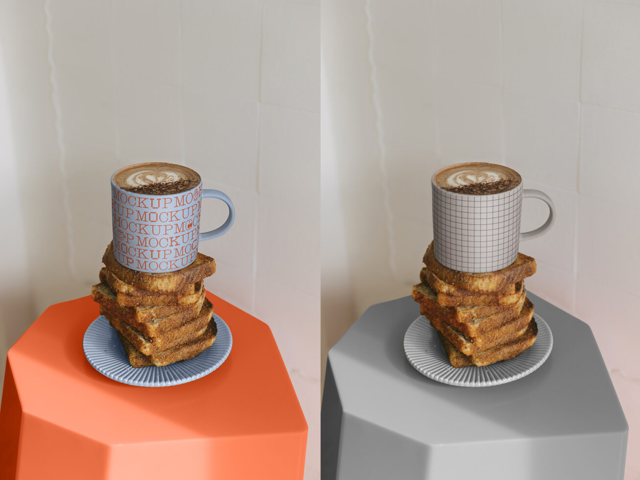 Mug mockup on stacked toast with latte art, two color variations shown