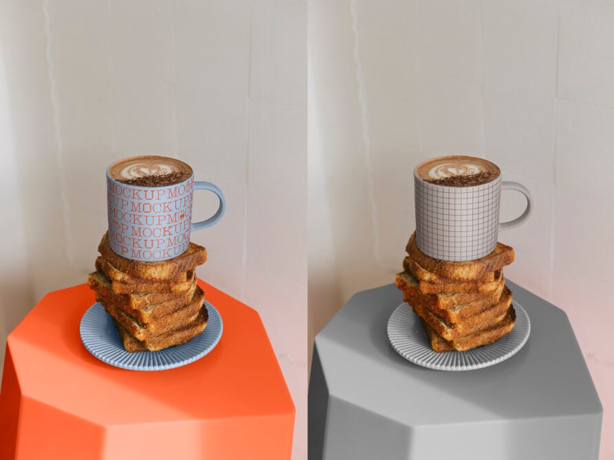 Mug mockup on stacked toast with latte art, two color variations shown