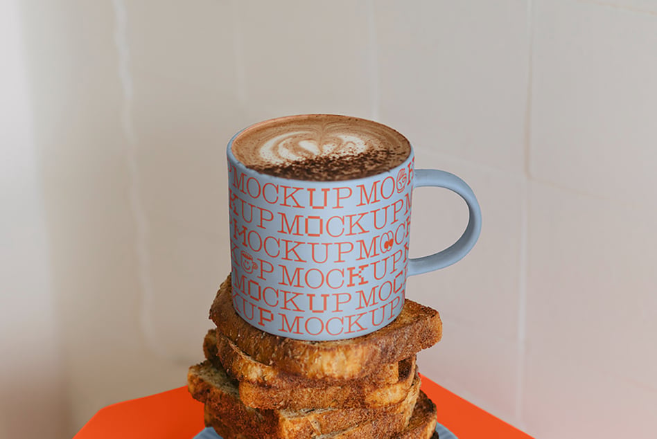 Blue mug mockup with repeating text design sitting on toasted bread