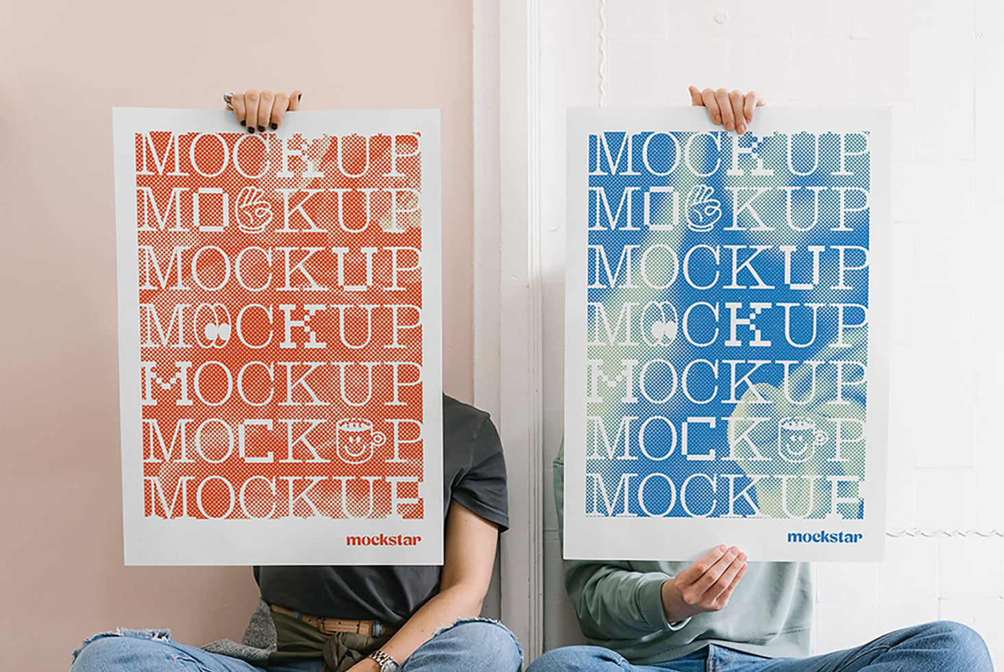 Two people holding vertical mockup posters with repeated text patterns