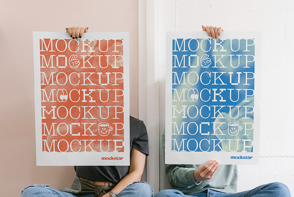 Two people holding vertical mockup posters with repeated text patterns