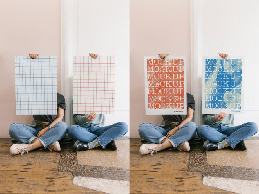 Two people sitting on floor holding grid papers, mockup posters with text