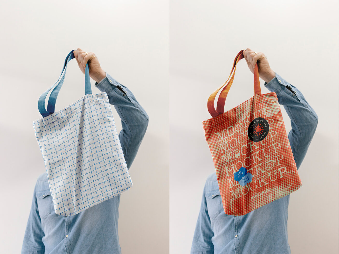 Person holding blue grid tote bag, orange mockup bag with badge