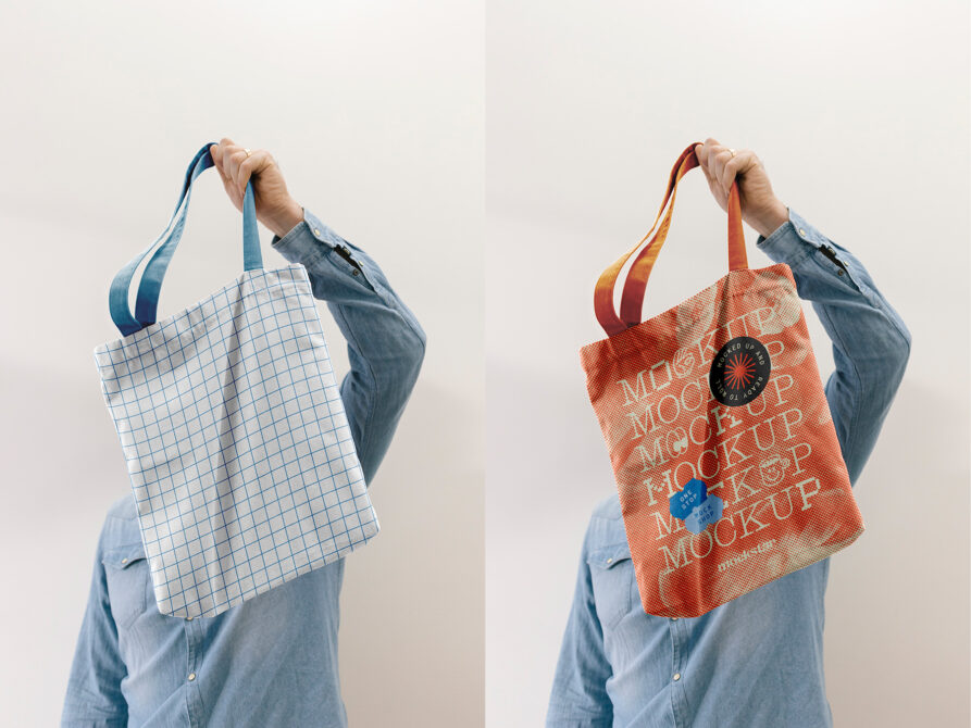 Person holding blue grid tote bag, orange mockup bag with badge