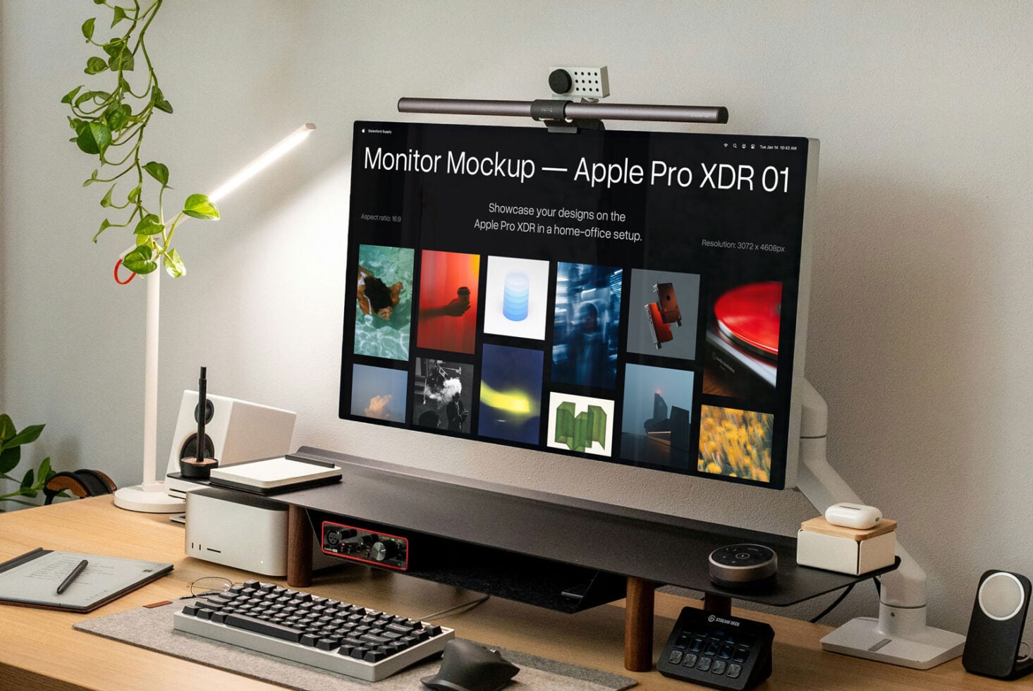 Dark background monitor mockup on desk with camera, keyboard, mug setup