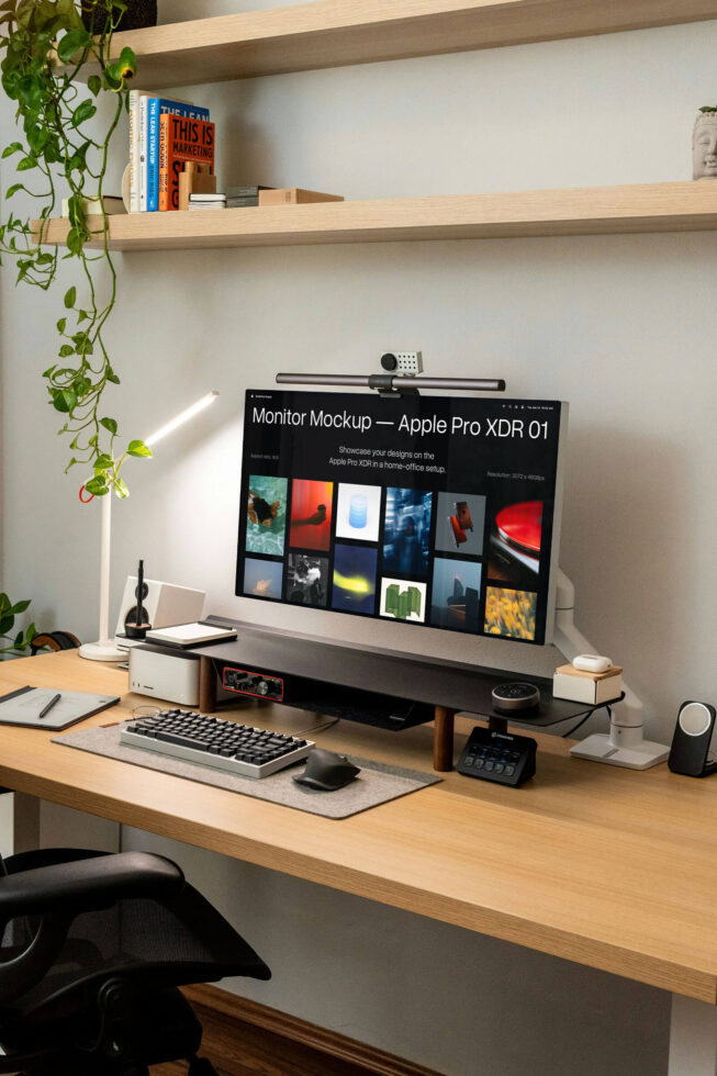Monitor mockup on wooden desk with plants, keyboard, lights in home office