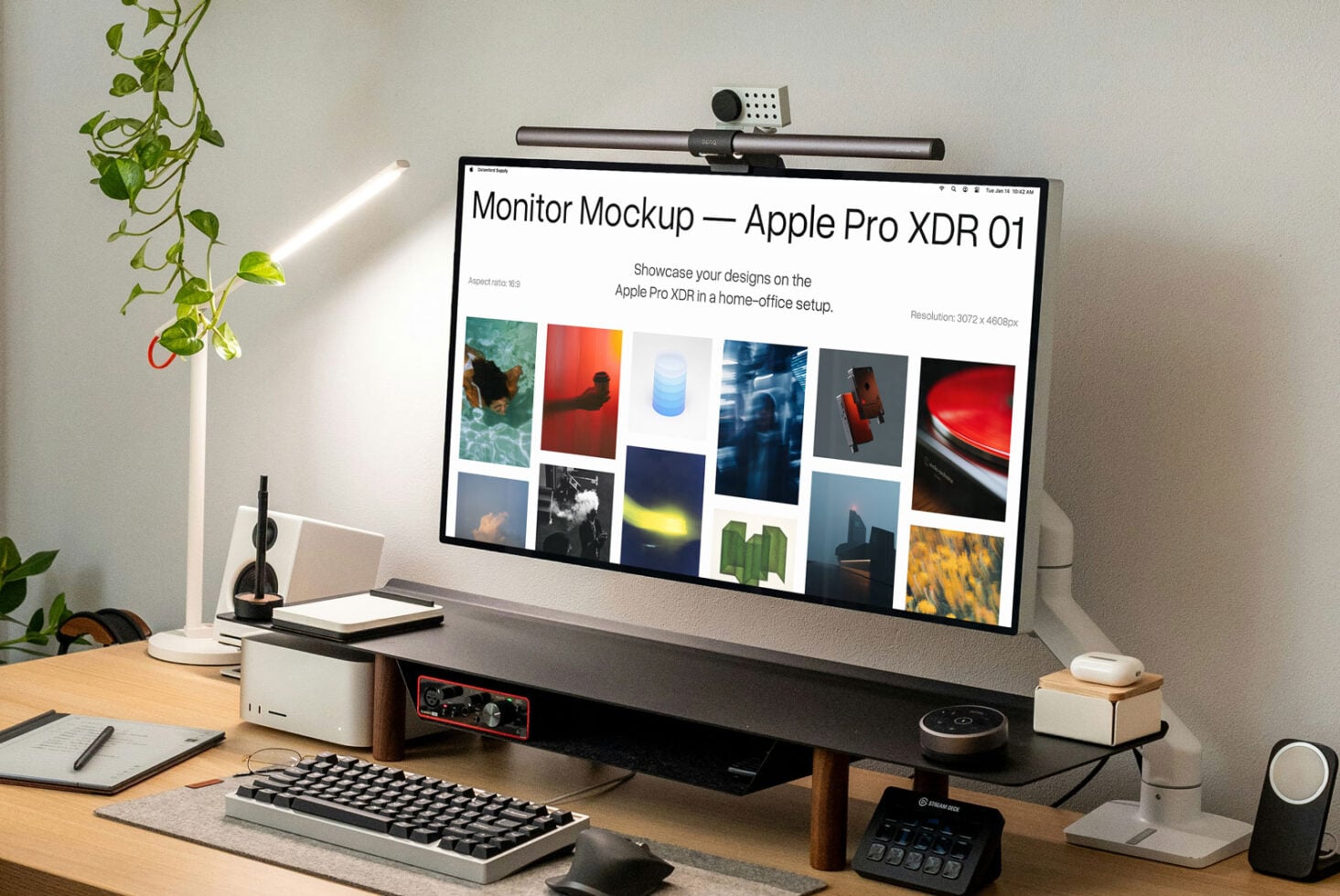 White background monitor mockup on desk with camera, keyboard, mug setup