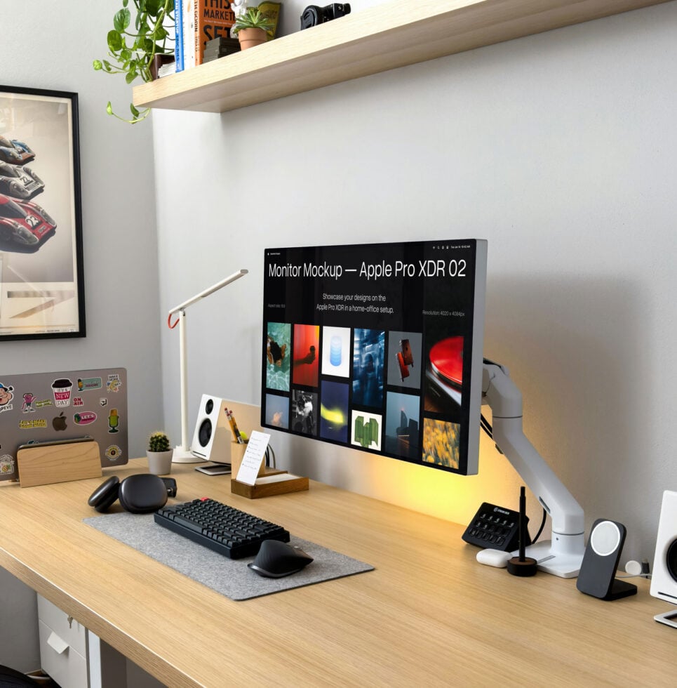 Apple Pro XDR monitor on wooden desk with warm lighting, keyboard, mouse