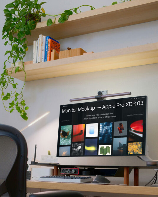 Apple Pro XDR monitor mockup on desk with plants, keyboard, speaker setup