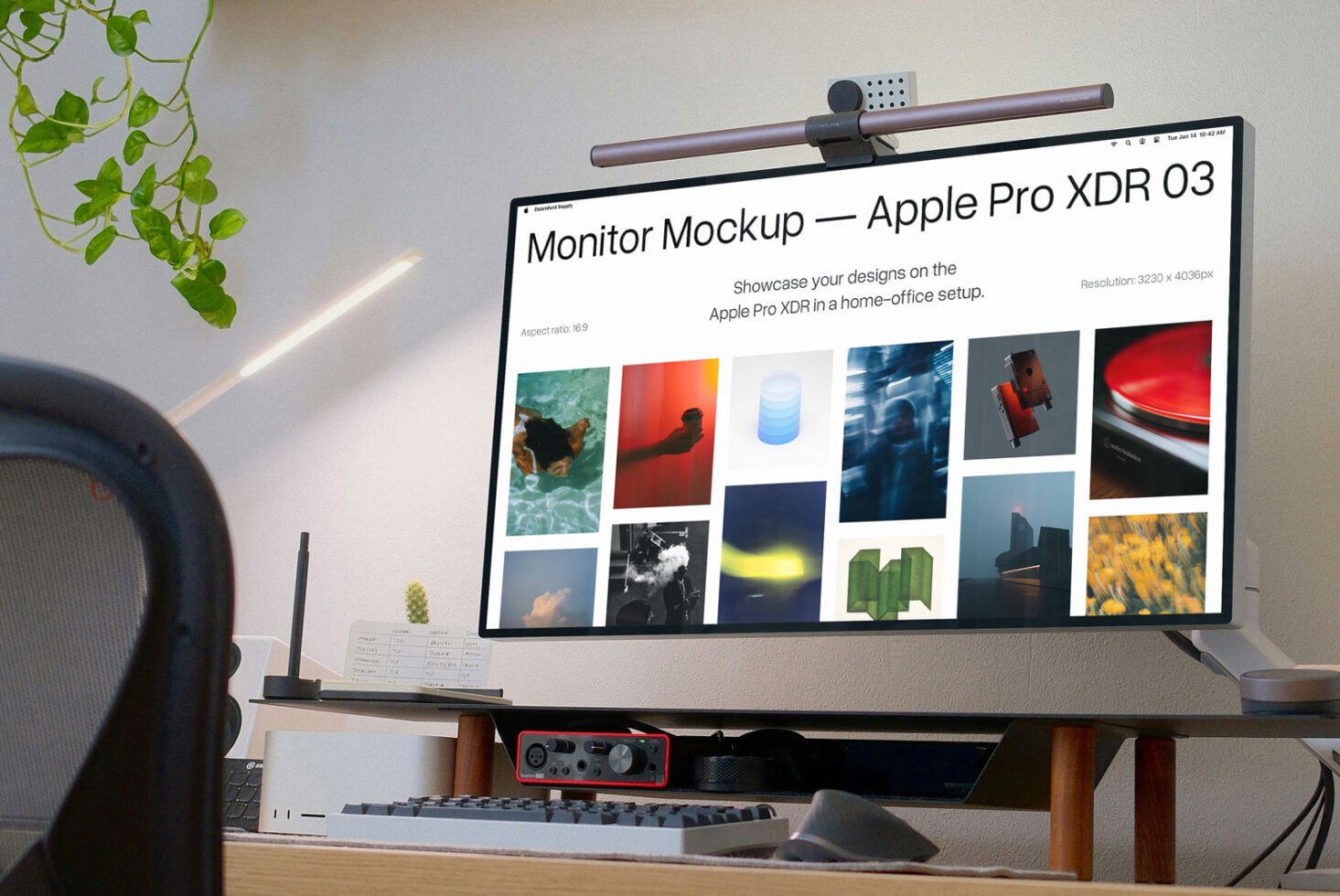 Apple Pro XDR monitor mockup displaying colorful image grid in office space