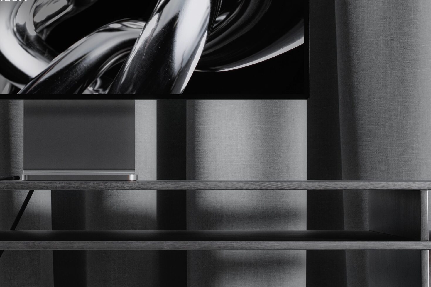 Black shelving unit with cables draped overhead studio lighting
