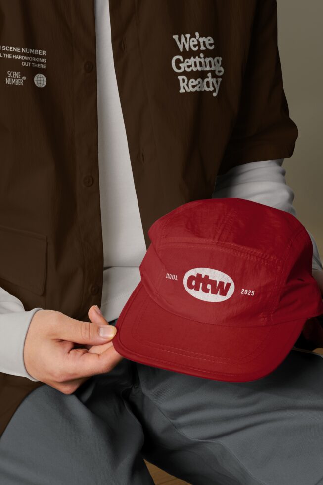 Person holding red snapback cap with dtw logo while wearing brown jacket
