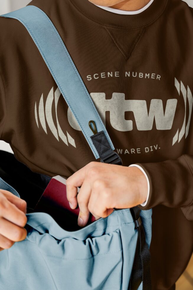 Light blue fabric strap with black hardware attached to brown sweatshirt
