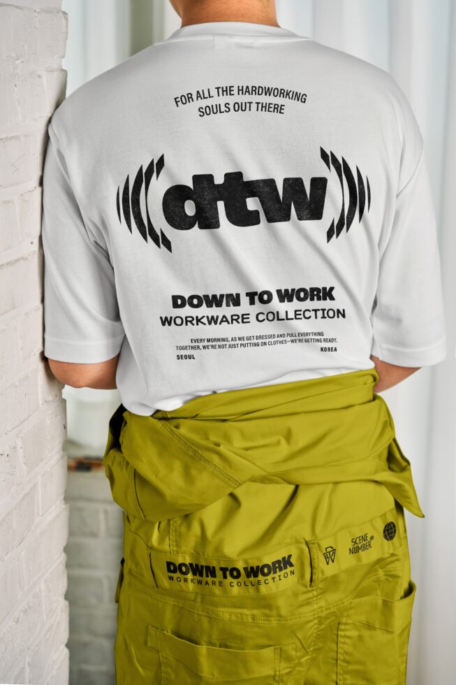 Back of white tee with dtw logo, hardworking souls quote, lime cargo pants