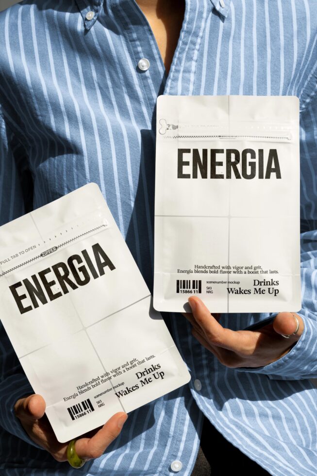 Cream-colored pouch mockups showing Energia drink packaging design details