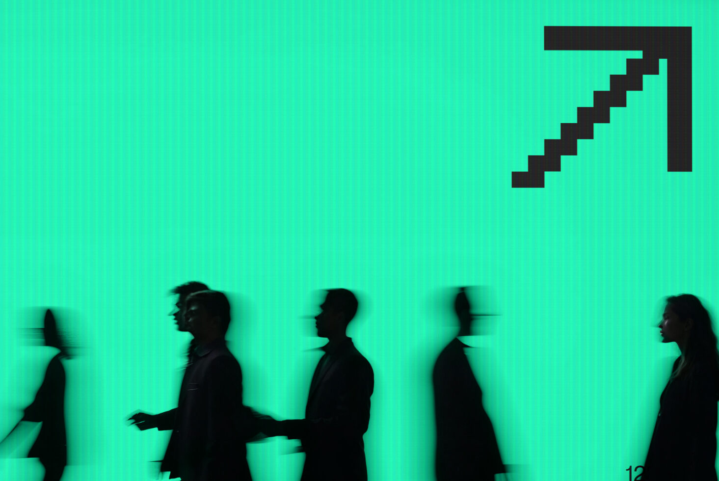 Group of blurred business people walking across mint green background with pixelated arrow icon