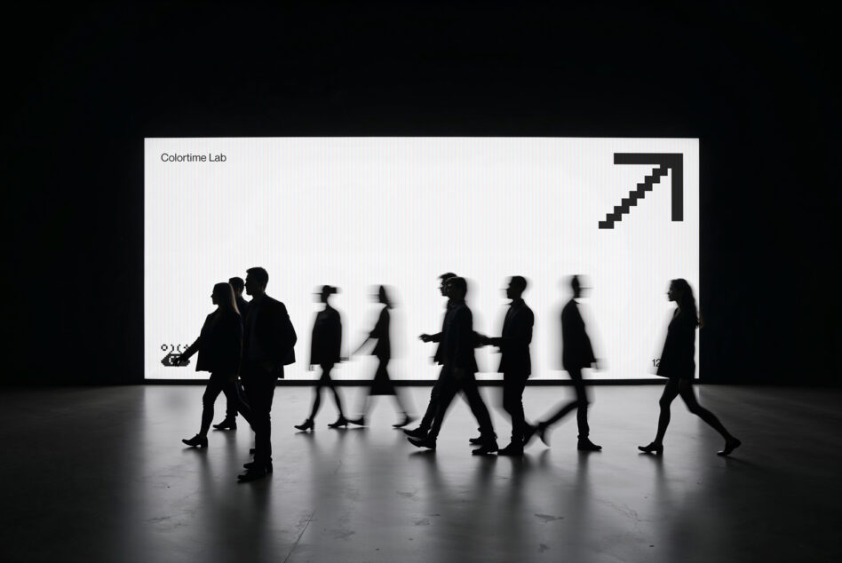 Moving crowd silhouettes in front of bright white display screen with upward arrow symbol