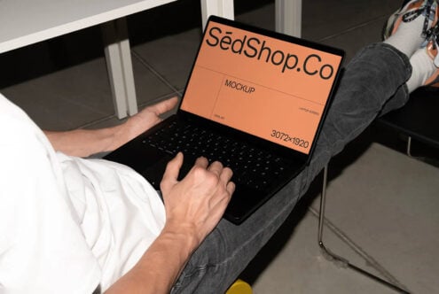 Laptop mockup with orange screen showing SedShop.Co branding specs