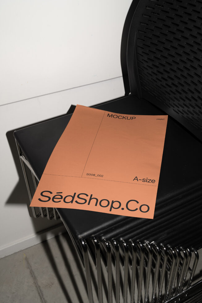 Peach A-size print mockup with SedShop.Co branding on black chair