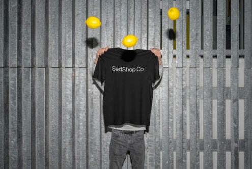 Black t-shirt on headless figure with yellow lemons, vertical striped wall setting