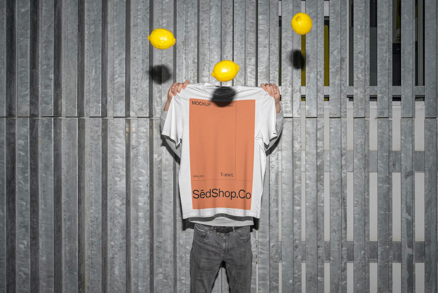 White t-shirt with peach graphic insert showing SedShop.Co branding on figure