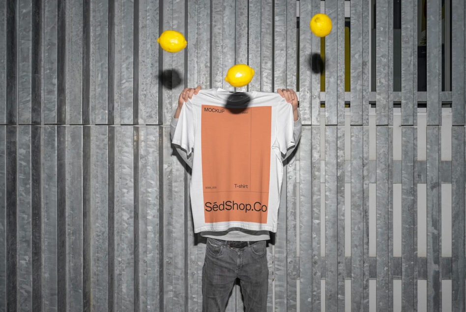 White t-shirt with peach graphic insert showing SedShop.Co branding on figure