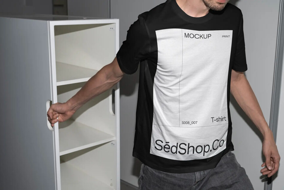 Man wearing black tee with white print mockup holding cabinet, showing text label design