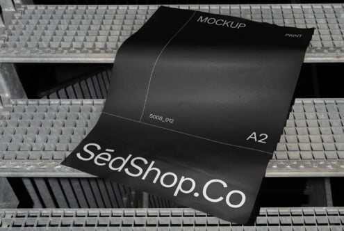 Black A2 mockup with SedShop.Co text on industrial grating backdrop