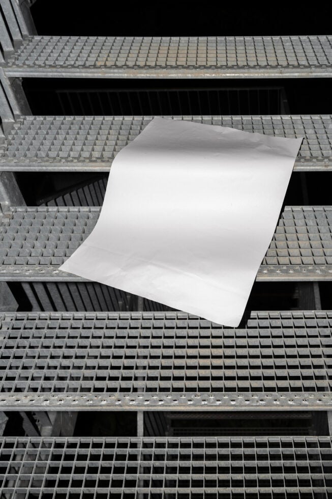 Blank white A2 paper sheet floating above industrial metal grating