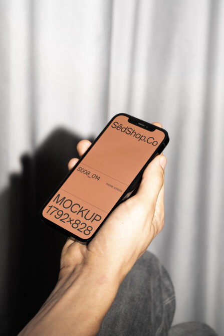 Peach phone mockup in hand showing SédShop branding with orange display background
