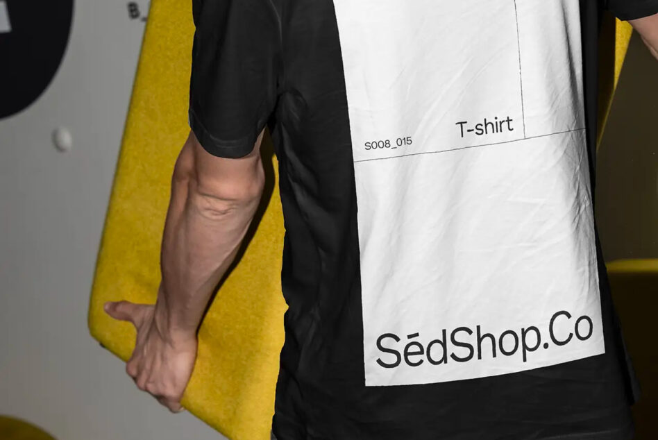 Close up white t-shirt with orange label print mockup on back
