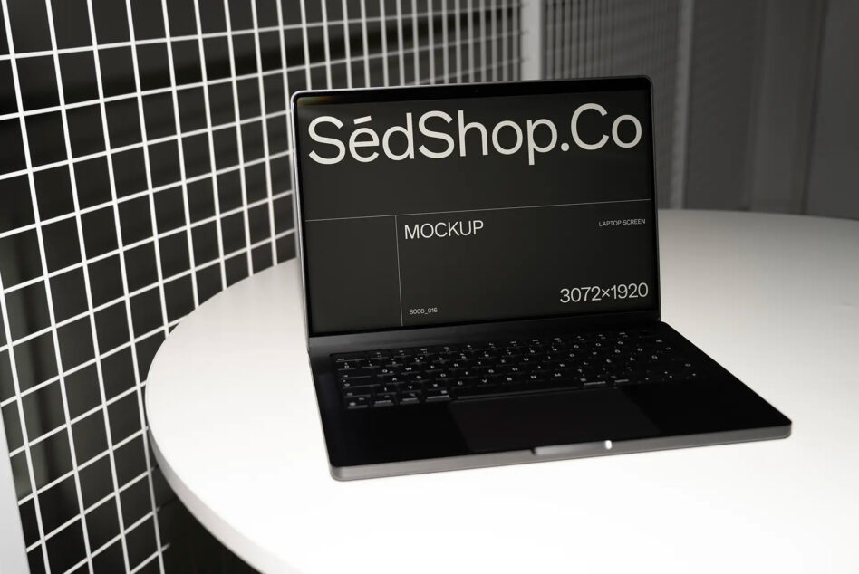 Dark laptop showing black mockup screen on modern minimal desk setup
