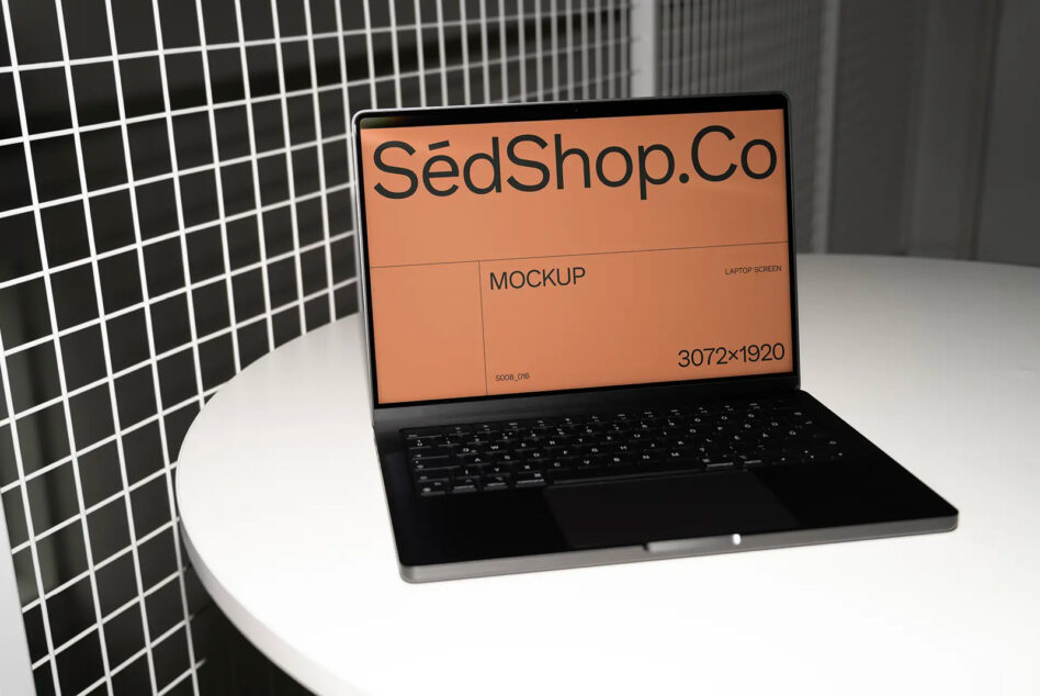 Laptop displaying orange mockup screen on white desk with grid wall