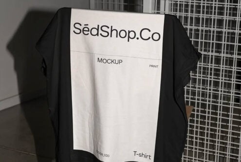 Black t-shirt on stand with white label mockup front view