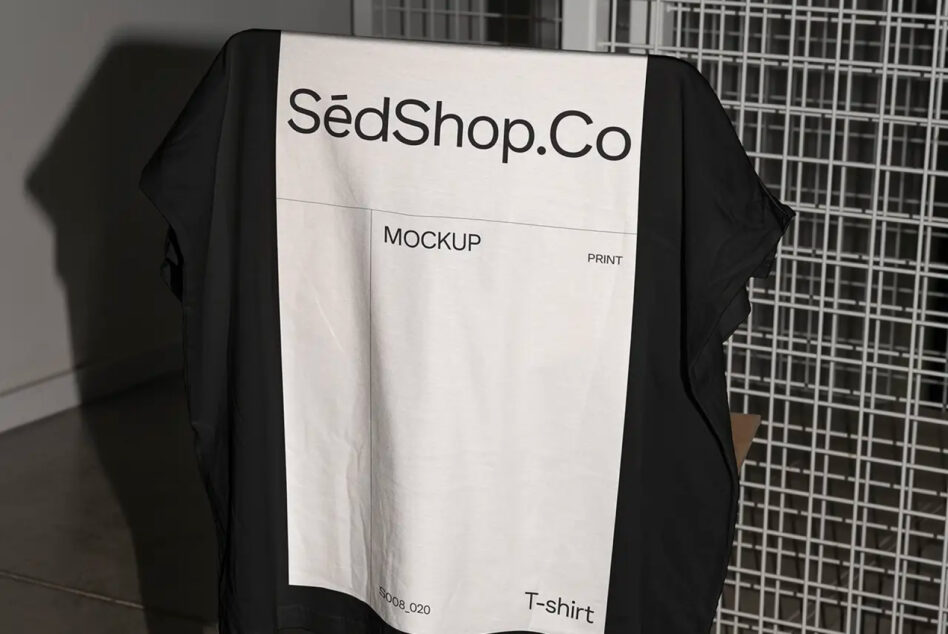 Black t-shirt on stand with white label mockup front view