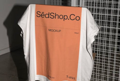 White t-shirt on stand with terracotta SédShop.Co label visible