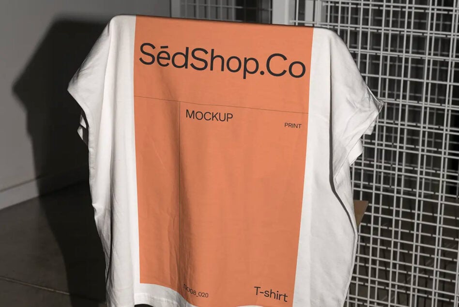 White t-shirt on stand with terracotta SédShop.Co label visible