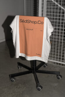 White t-shirt on stand with terracotta SédShop.Co label mockup